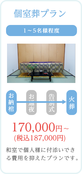 個室葬プラン/1~5名様程度/170,000円~ (税込187,000円)/和室で個人様に付添いできる費用を抑えたプランです。