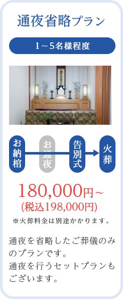 通夜省略プラン/1～5名様程度/180,000円～ (税込198,000円)/※火葬料金は別途かかります。/通夜を省略したご葬儀のみのプランです。通夜を行うセットプランもございます。